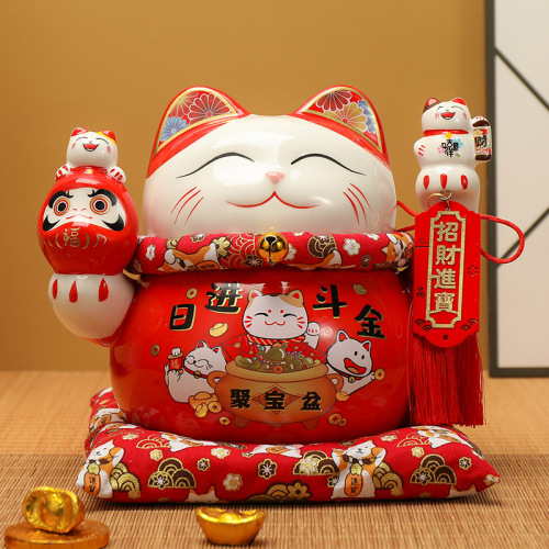 Red Money Cat Ornament Opening Gift Home Store Cashier Counter Piggy Bank Happy Cat 6.5 inches