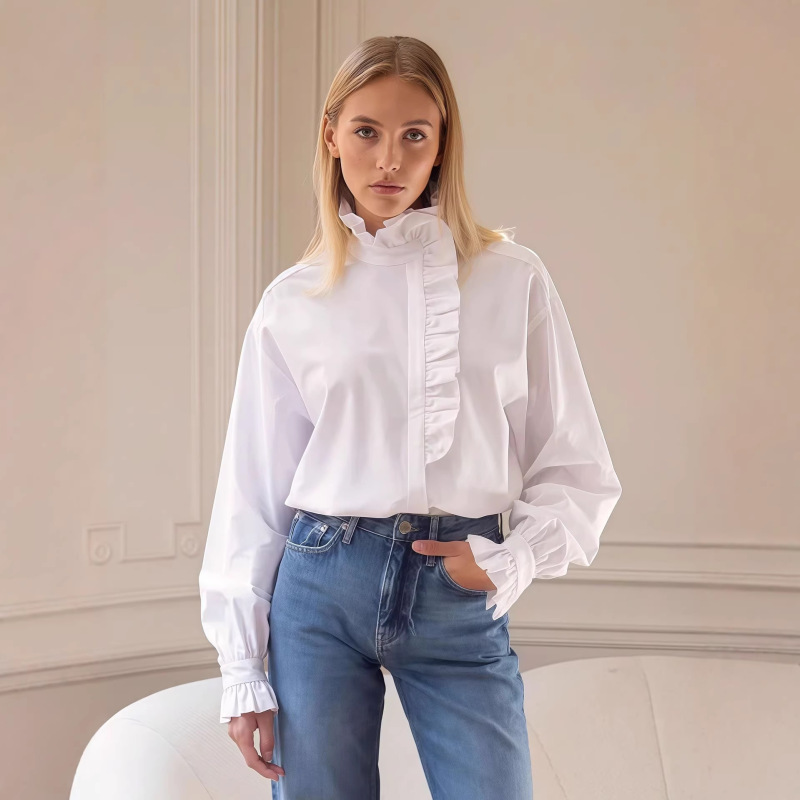 2026 Spring New European and American Style Simple Women's Ruffled Stand Collar Flared Long Sleeve Loose Cardigan Shirt
