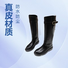 cel2025新款复古真皮金属扣粗跟长靴女小个子不过膝套筒女靴