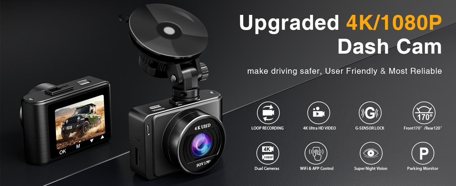 4K Dual-Recording Wifi Private Model Dual-Lens High-Definition Dash Cam with Multiple Languages and Dual Recording for Front and Rear, Universal Model
