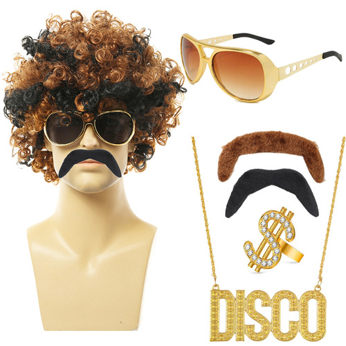 Halloween Disco Black Hair Hip Hop Men's Wig Brown Hair Punk DISCO Necklace Sunglasses