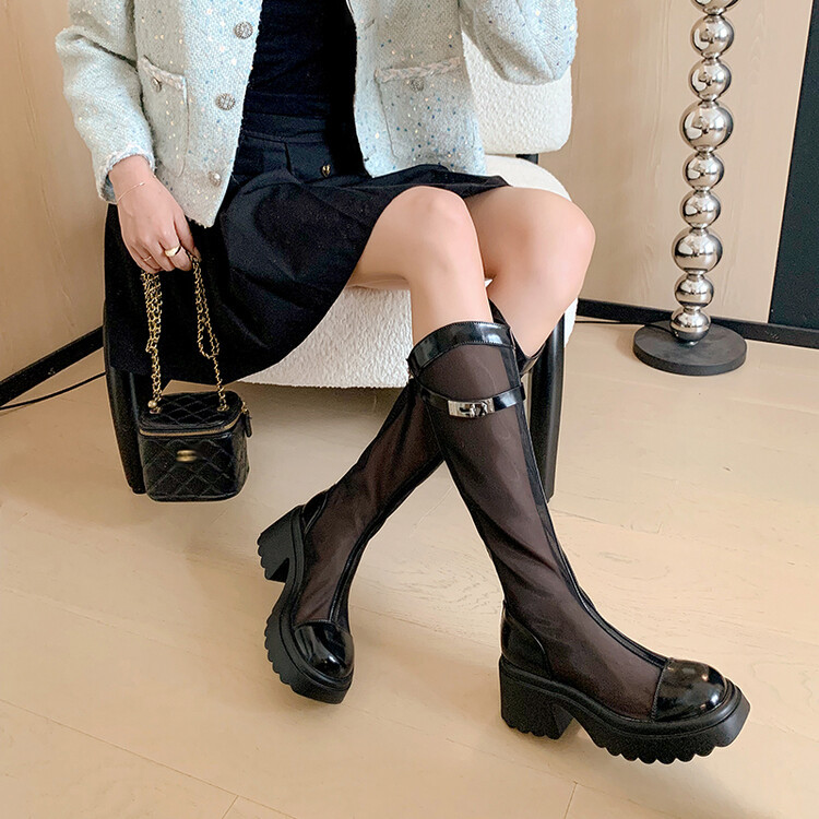 Bốt lưới da cừu cao gót thô cổ cao ôm chân phong cách Hàn Quốc — Màu đen cổ ống lớn, Ống nhỏ màu đen, Chu vi ống lớn màu trắng Be chi tiết 29
