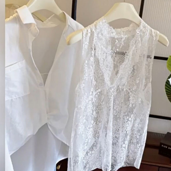 White V Neck Sexy Lace Sleeveless Vest for Women Summer New High-End Mesh Cut Out Inner Bottoming Top Trendy