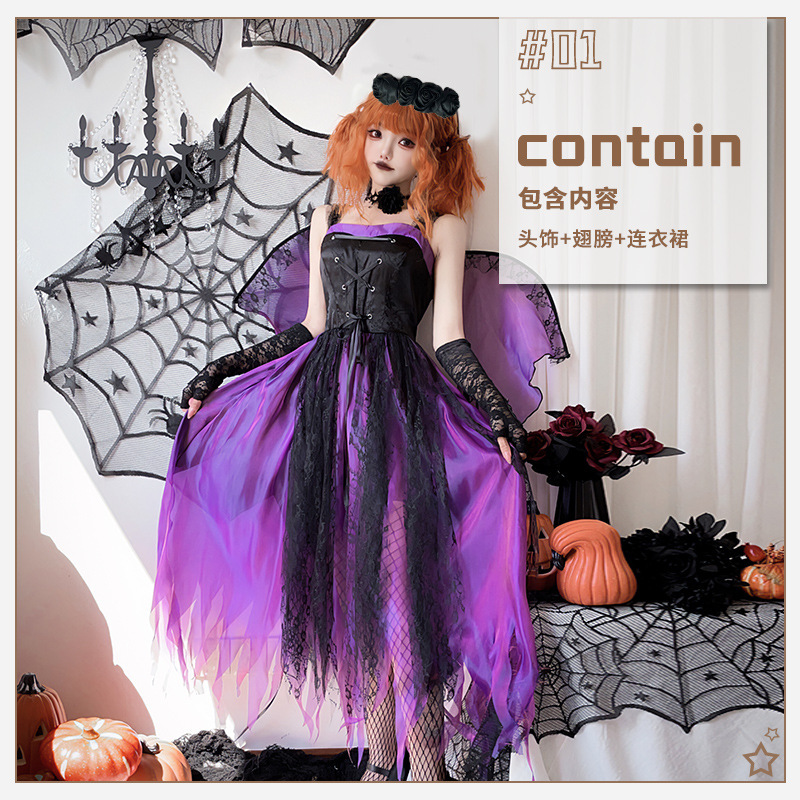 ハロウィーンの大人の服装の翼の暗黒天使cos鬼の花嫁の悪魔の女王は紫の魔女のワンピースを詰めます。|undefined