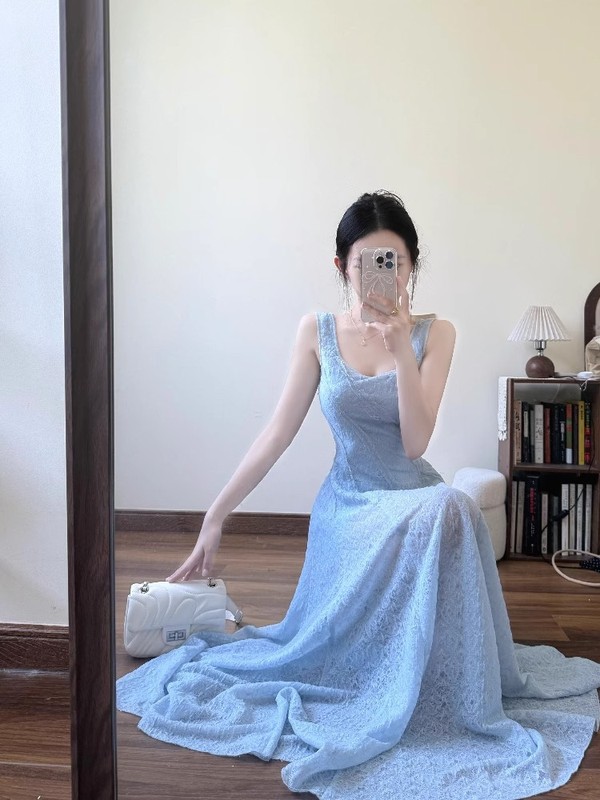 ブルーレースベストサスペンダードレス女性の夏フレンチスタイル海辺リゾートスタイルデザインウエストロングスカート|undefined