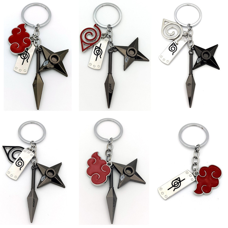 Anime Peripheral Naruto Keychain Akatsuki Organization Red Cloud Leaf Logo Alloy Pendant Key Ring