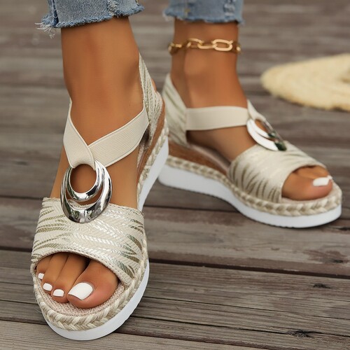 Plus-size wedge sandals for women: metallic buckle, jute rope details, lightweight platform soles, and chunky block heels with a peep-toe design