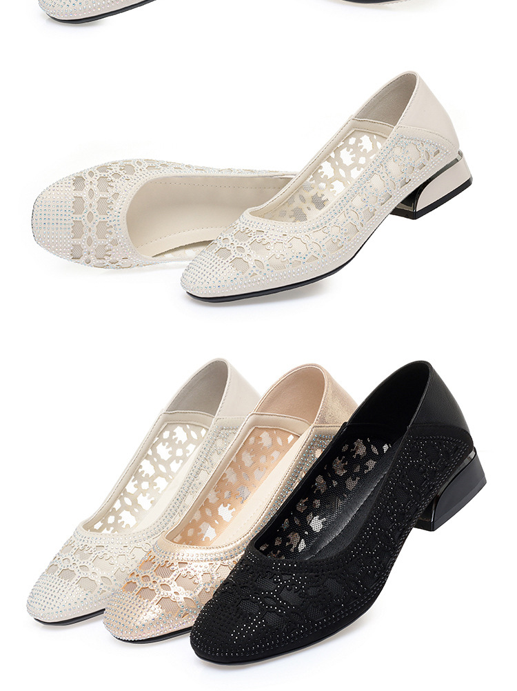 Sandal lưới bít mũi da thật gót vuông thoáng khí đế mềm — Màu be chi tiết 17