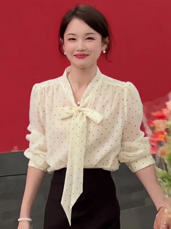 法式蝴蝶结飘带v领波点衬衫女款2025新款薄款轻奢减龄气质上衣新|undefined