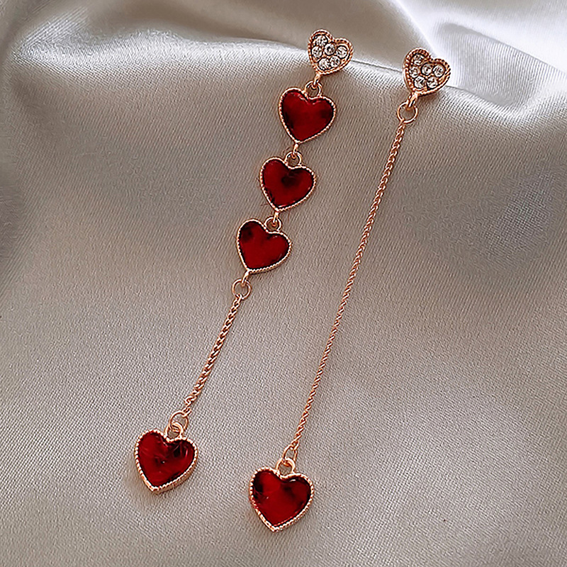 Simple Asymmetric Set With Rhinestones Red Heart Chain Earrings Wholesale display picture 3