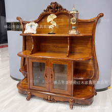 皇登阁新中式乌金实木矮酒柜客厅钢化玻璃展示储物雕花多层餐边柜