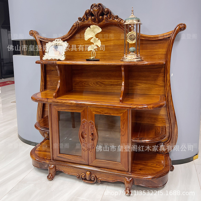 皇登阁新中式乌金实木矮酒柜客厅钢化玻璃展示储物雕花多层餐边柜