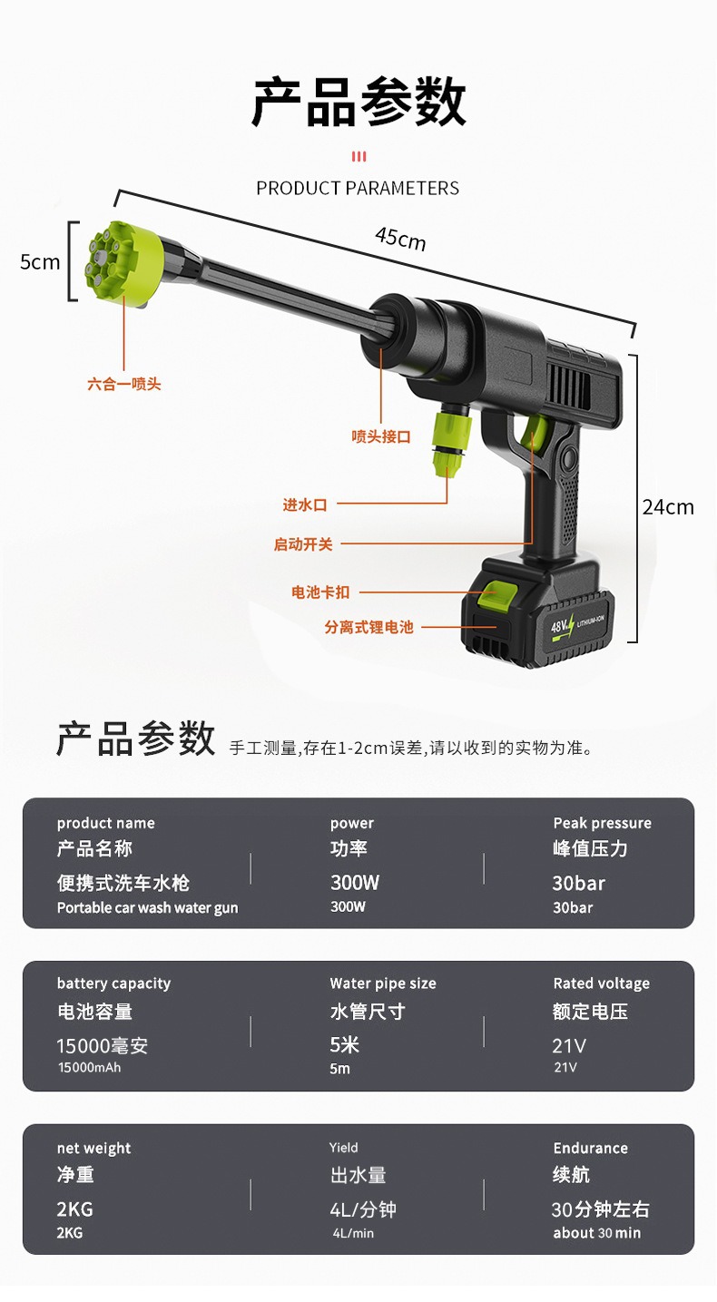 Wireless High-Pressure Car Wash Water Gun Rechargeable Lithium Battery Powerful Water Spray Gun Household Car Wash Machine Portable High-Pressure Water Gun