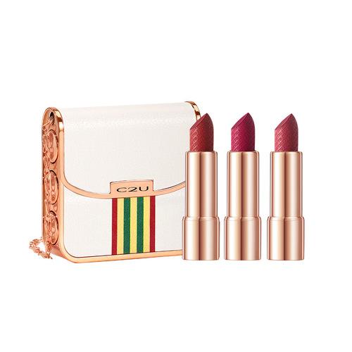 C2U Squalane Matte, Non-Stick Lipstick: Leather Velvet Instagram-Inspired Chanel-Style 3-Color Bag Lipstick Set