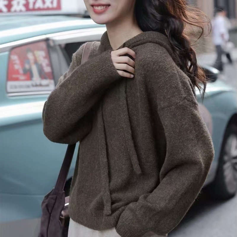 灰色连帽套头毛衣针织衫女秋季小个子宽松慵懒风针织卫衣外套秋冬|undefined