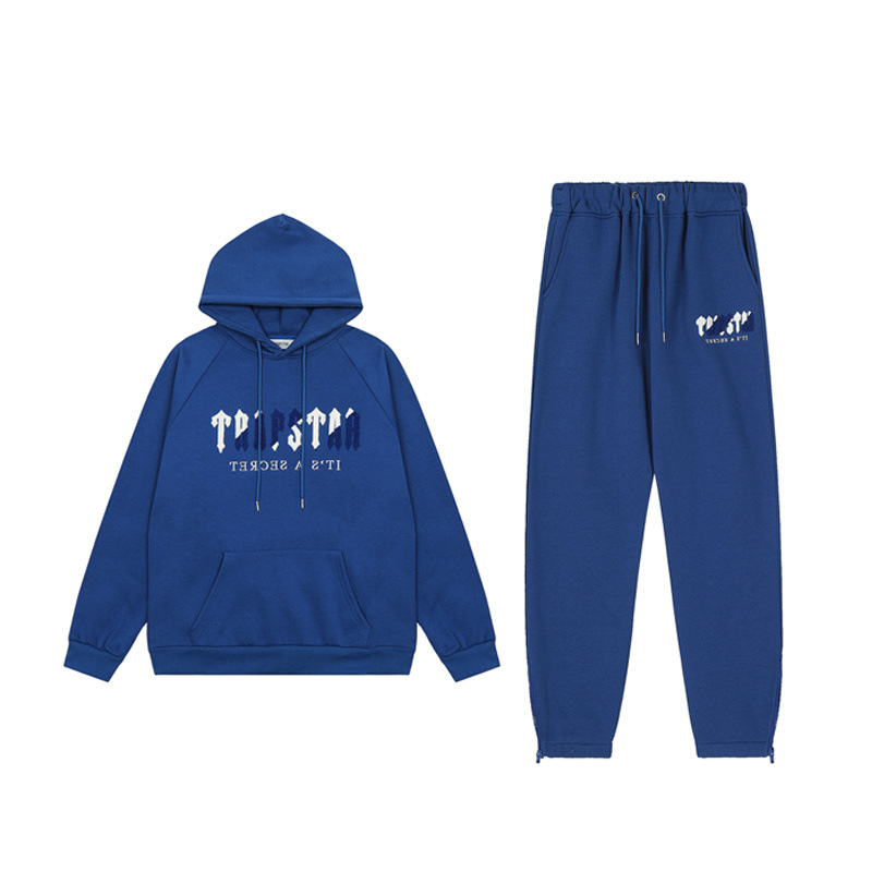 Marca de moda europea y americana trapstar azul y blanco toalla bordado forrado de lana hombres y mujeres pareja suéter pantalones de chándal casual traje azul