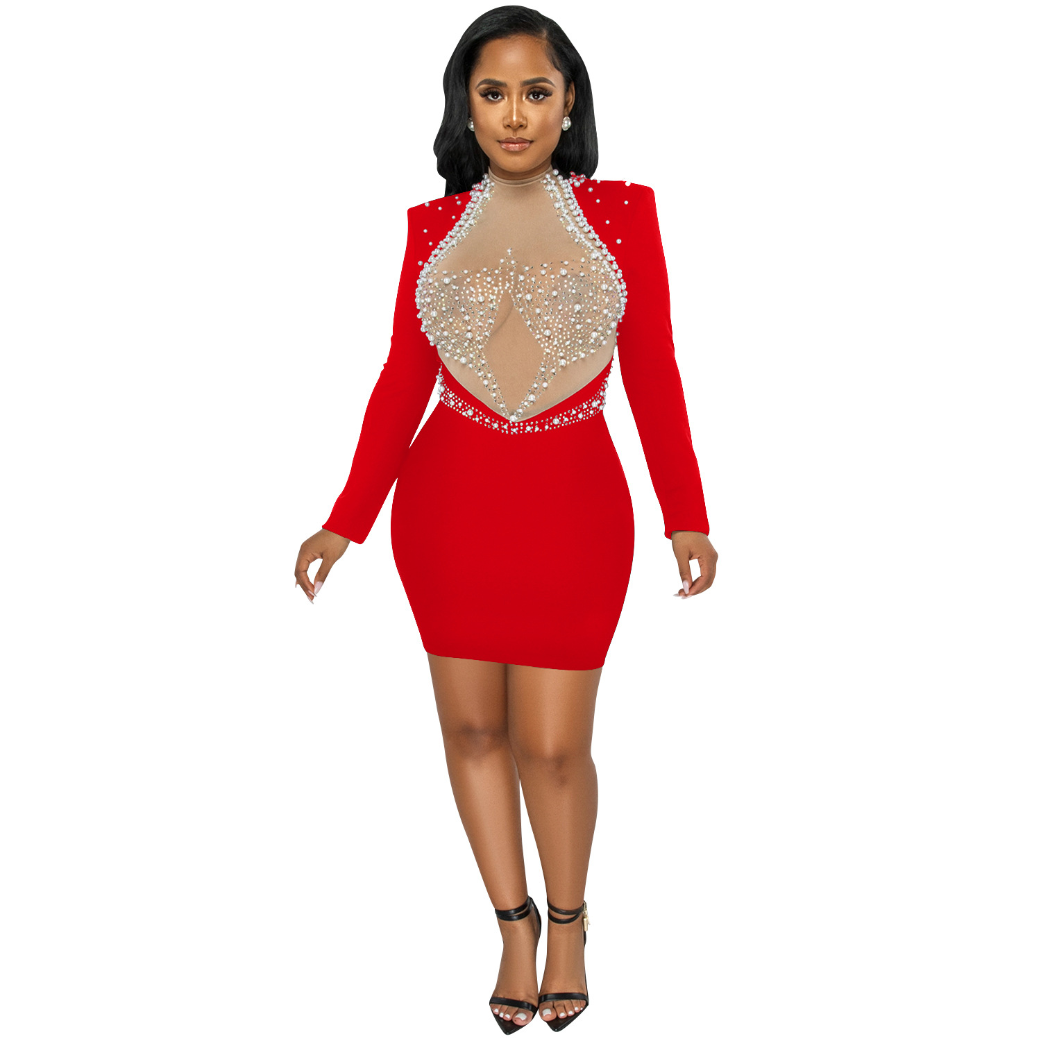X5681 AliExpress moda sexy club nocturno caliente rhinestone malla ver-a través de espuma sin respaldo de manga larga MIDI vestido de las mujeres