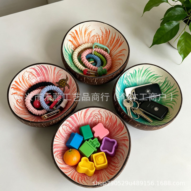 Handmade inlaid shell coconut bowl home decoration ornament, shell decoration cute coconut shell storage bowl