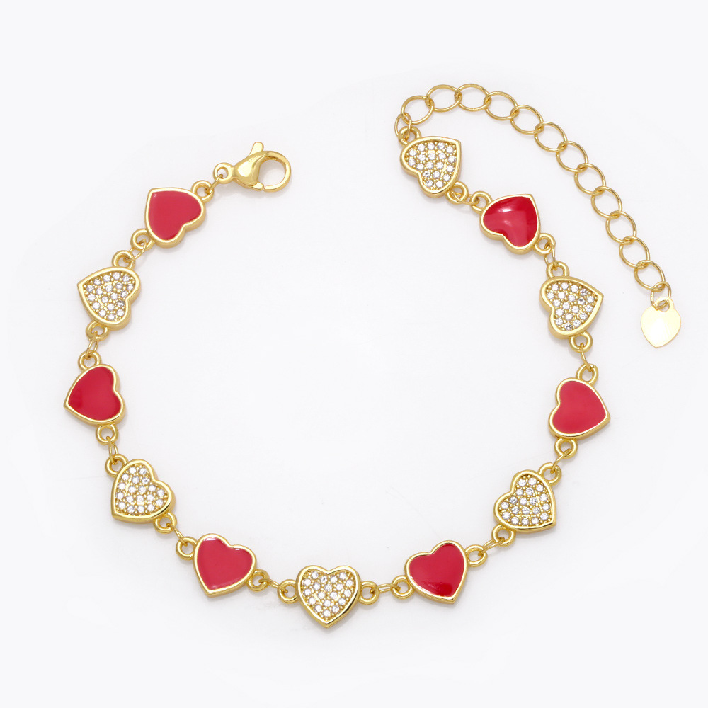 Bohemian Colorful Dripping Oil Heart-Shaped Copper 18K Gold-plated Zircon Bracelet