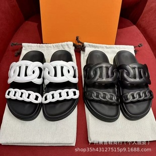 2024 Summer Genuine Leather Thick-Soled Pig Nose Slippers for Women, Casual Versatile Flat Sandals for Couples