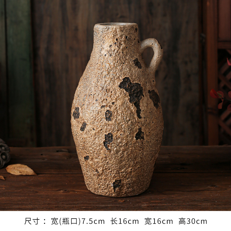 セラミック花瓶、レトロなわびさびスタイルのB&B装飾、中世の粗い陶器アートフラワーアレンジメント、家庭用家具、陶器のポット