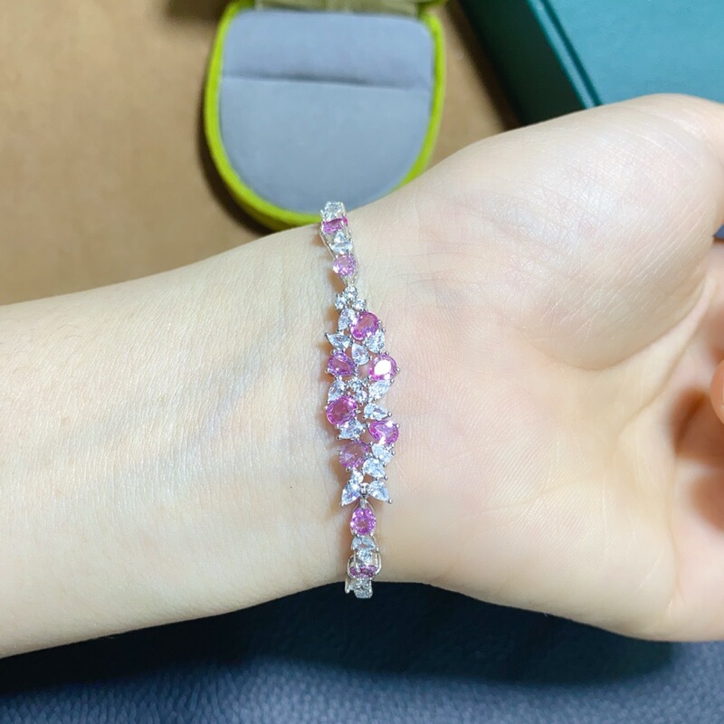 Natural Pink Sapphire Bracelet with High Clarity, Fire Color, Explosive Color, Main Stone 3*4Mms925 Sterling Silver Precision