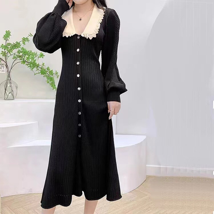 French single S original button 2022 autumn and winter New Bubble Sleeve lace lapel knitted long sleeve black dress French single S original button 2022 autumn and winter New Bubble Sleeve lace lapel knitted long sleeve black dress
