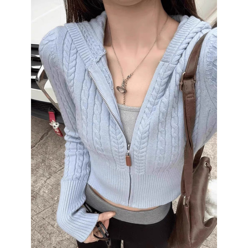 温柔风麻花连帽针织开衫女秋冬韩系慵懒拉链毛衣外套收腰短款上衣|undefined