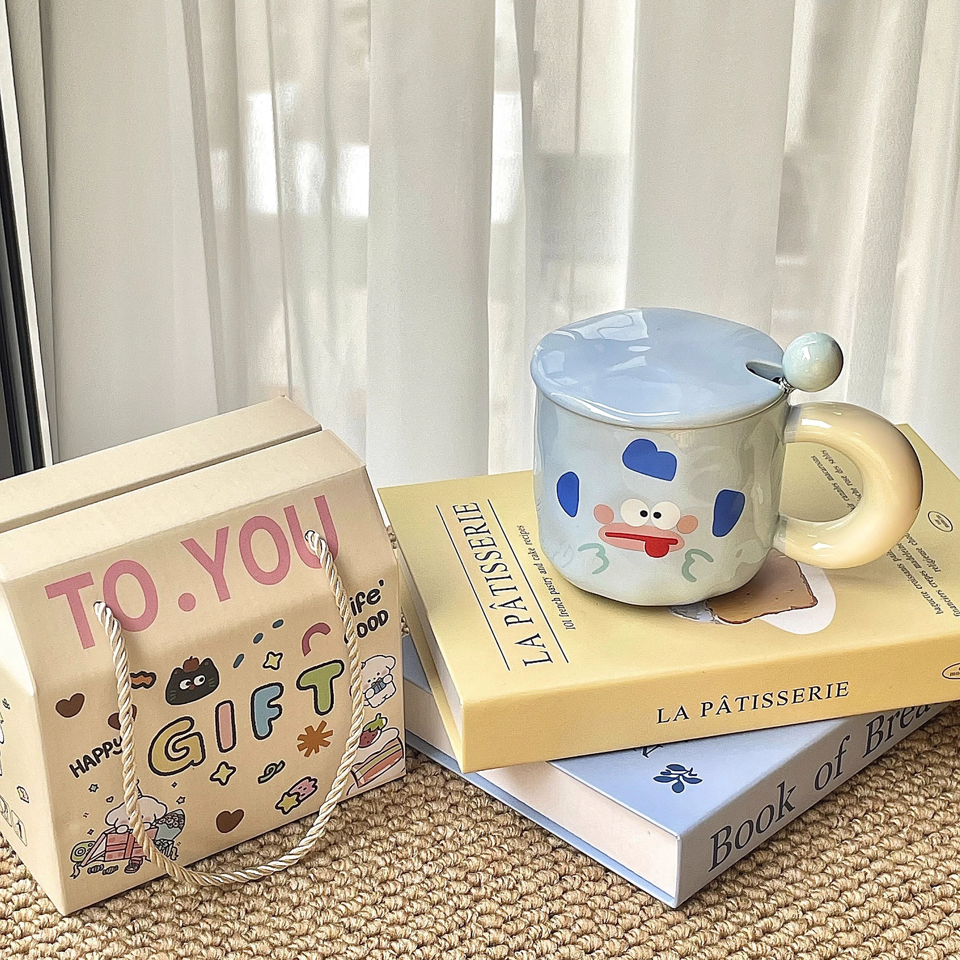 Керамическая кружка с крышкой, ложка, кружка высокой ценности, сувенир для женщин дома, милая пара кофе на завтрак