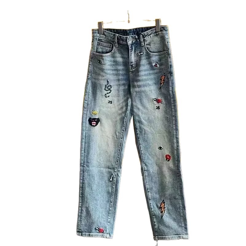 Men's Slim Fit High Stretch Jeans Ripped Embroidery Light Colored Mid Waist Straight Pants Trendy Autumn Trousers_mkmklike.com