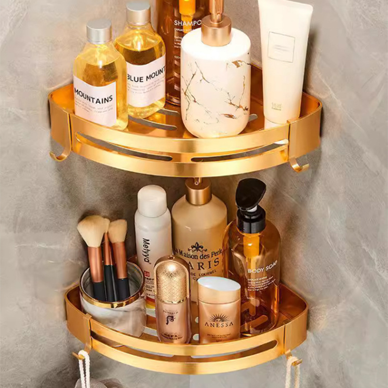 Estante de almacenamiento de baño sin perforaciones de estilo europeo titanio oro espacio aluminio baño almacenamiento rack negro triángulo cesta esquina estante pared image 4