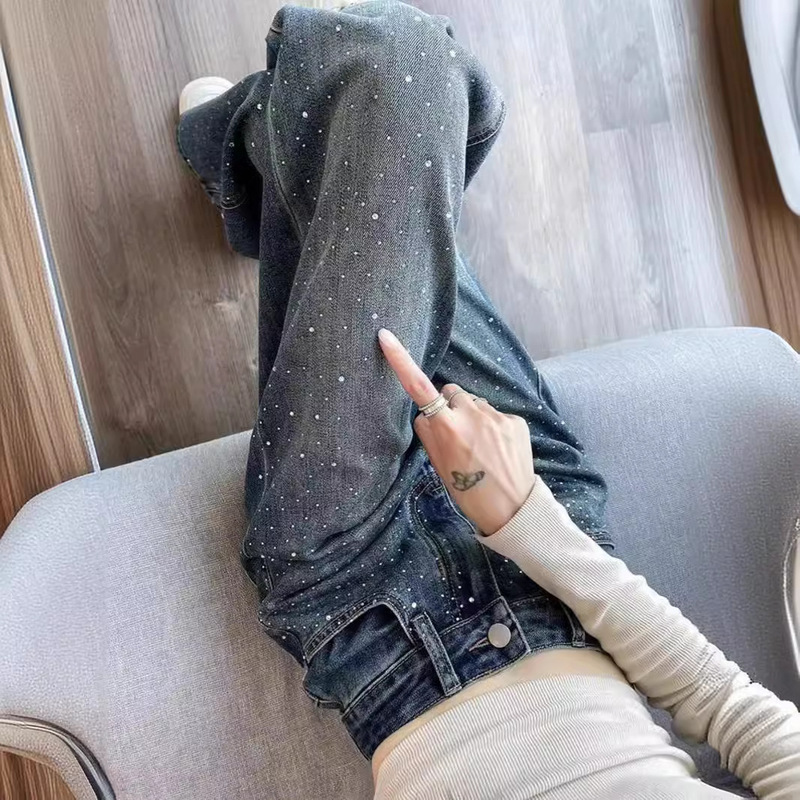 Korean Style Rhinestone High-Waisted Narrow Wide-Leg Jeans for Women, 2026 Spring/Summer New Design, Loose Fit, Slimming Straight Pants