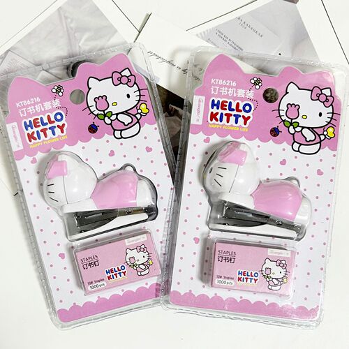 Stapler pink girly heart cartoon KT cat mini stapler student test paper binding machine set wholesale