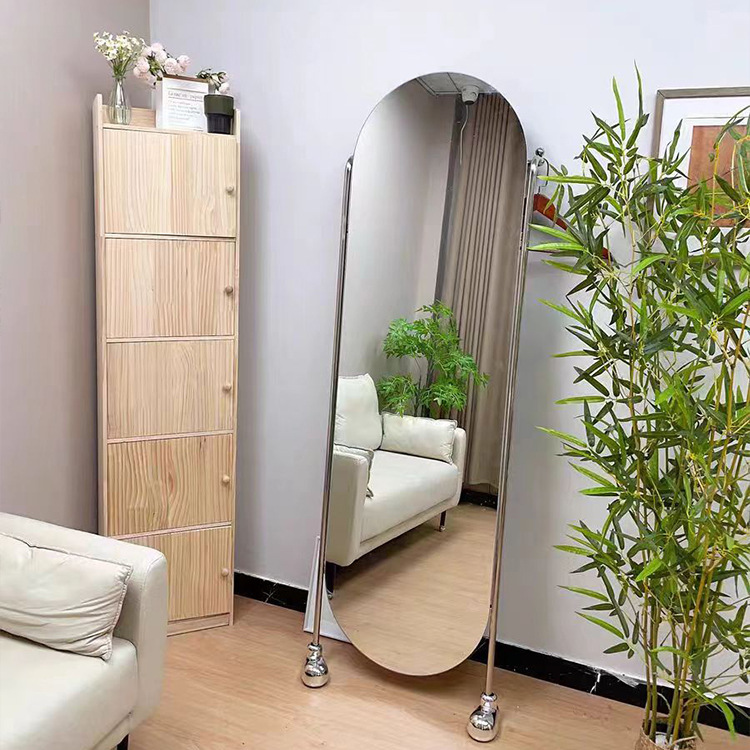 Full-Length Dressing Mirror, Floor-Standing, Wall-Mounted, for Living Room and Bedroom, Minimalist Storage, Italian-Style Light Luxury, Stainless Steel Fitting Mirror for Home Use