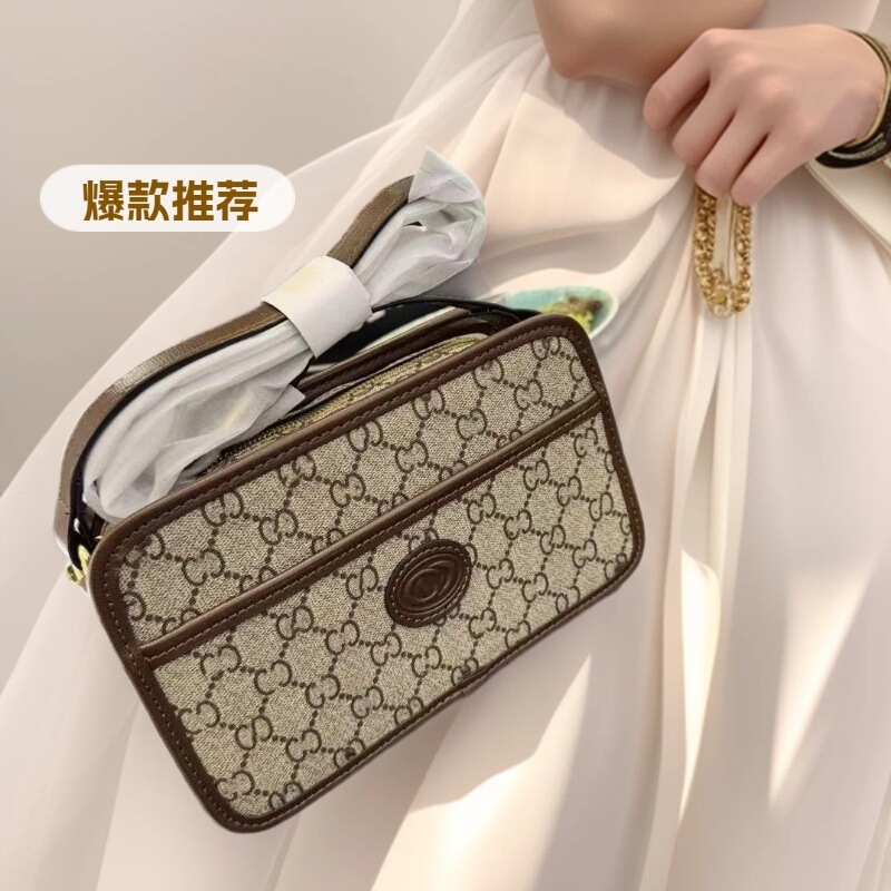 Trendy genuine leather small checkered vintage-style camera bag, phone bag, fashionable versatile casual crossbody bag Trendy genuine leather small checkered vintage-style camera bag, phone bag, fashionable versatile casual crossbody bag