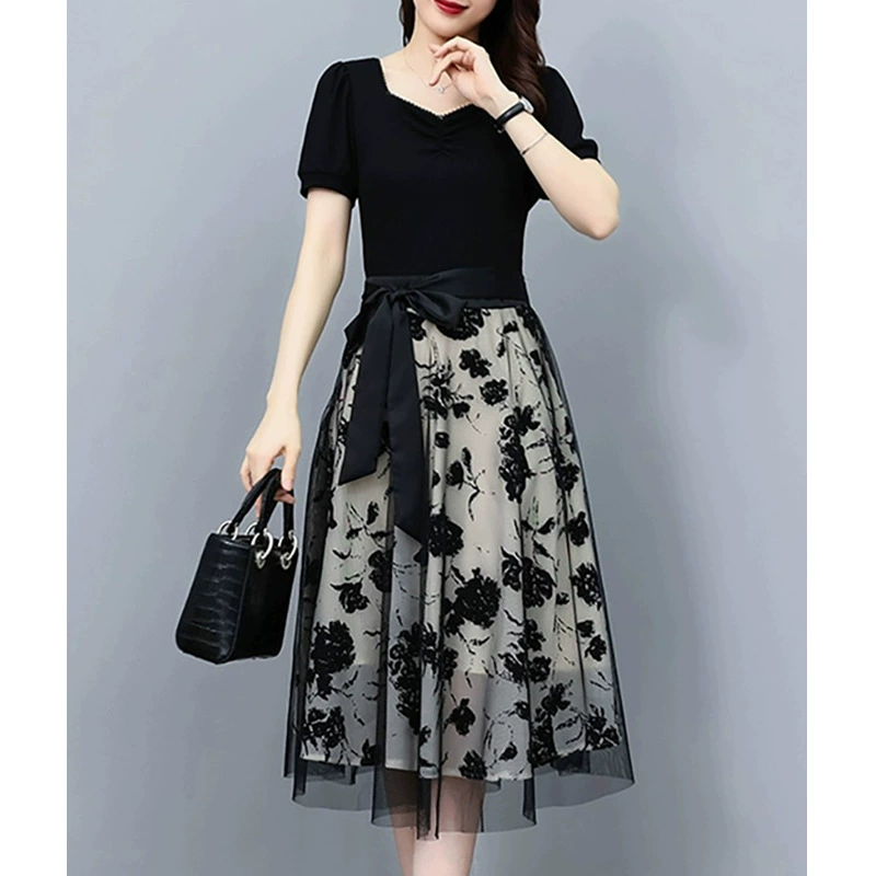 Платье женской одежды лето 2024 Новое Сетчатое повседневное стройнящее небольшое элегантное платье миди в западном стиле