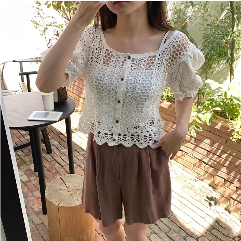 Lace sunscreen cardigan top women's summer thin outer shawl with suspender skirt short coat air conditioning shirt