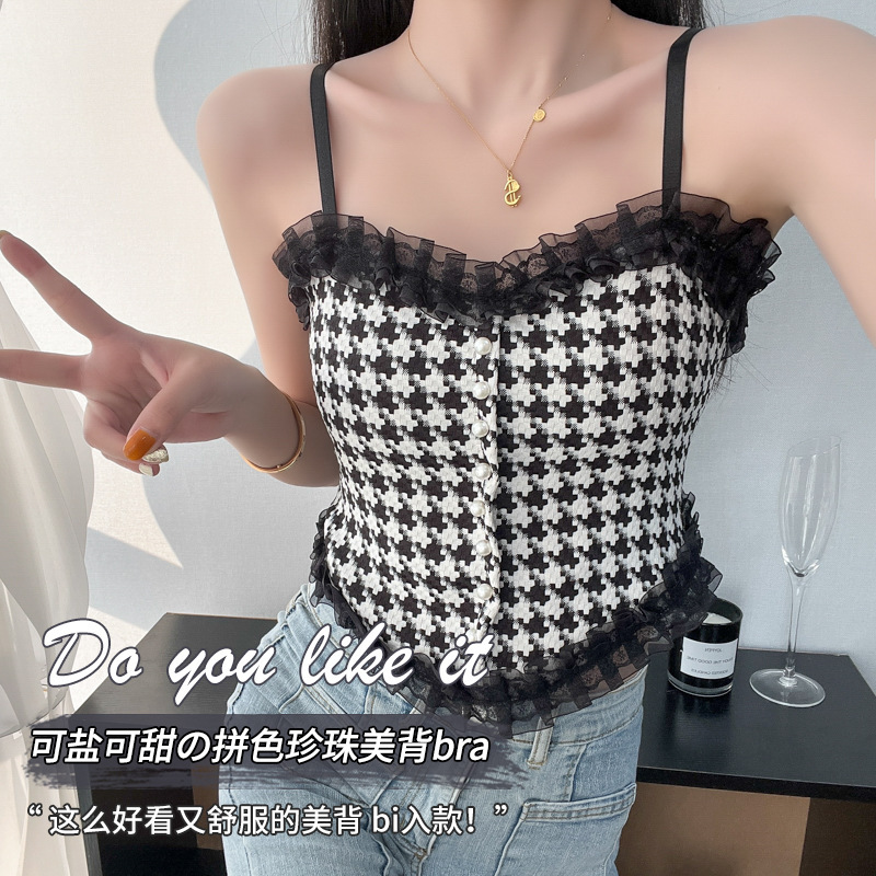 Spring and Summer Lace Pearl Camisole Beautiful Back Pleated Chest Anti-running Outer Wear Bottoming Vest Top with Chest Pad