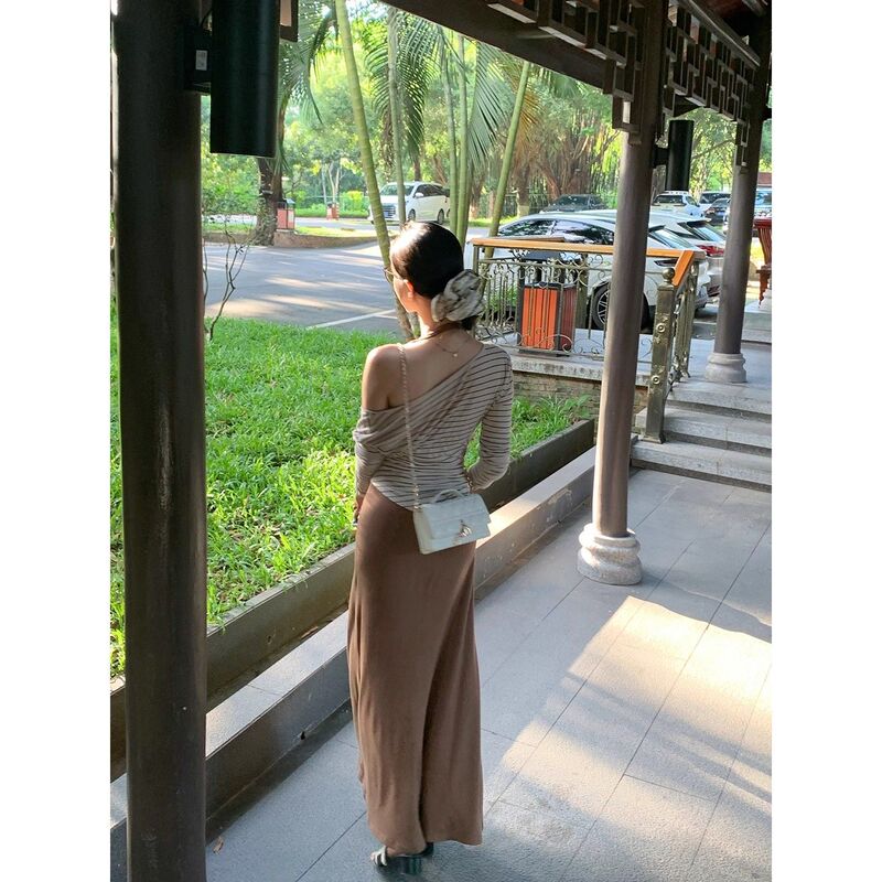 纯欲风复古条纹长袖T恤收腰显瘦打底罩衫上衣女+l连衣裙两件套|undefined