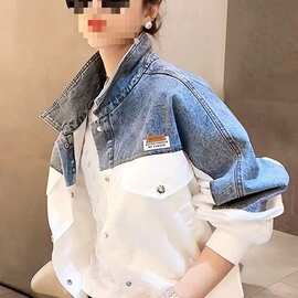 抖音牛仔外套女春秋新款拼接绣花撞色牛仔衣服女装夹克潮