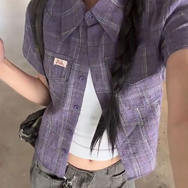 ins夏季新款复古美式撞色格子正肩口袋翻领短袖衬衫短款上衣潮流