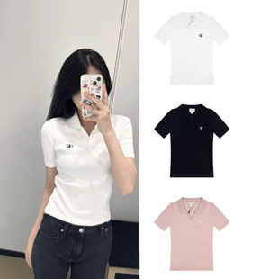 25 New Style C Family Sweet and Spicy Style Polo Waist Short-Sleeved T-Shirt Women's Niche Age-Reducing Right Shoulder T-Shirt Bow Embroider