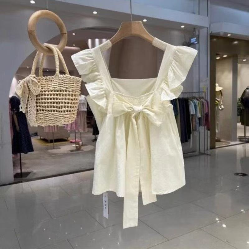 French Summer Sweet Design Lace-Up Bow Printed Shirt New Chic Square Collar Flying Sleeve Short Top