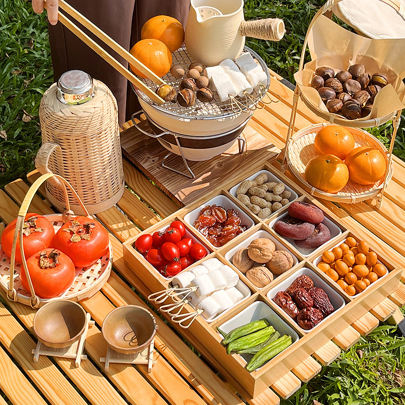 Stove tea-boiling fruit plate accessories decoration appliance full set of refreshments decoration dried fruit plate Jiugongge tray bamboo baked milk
