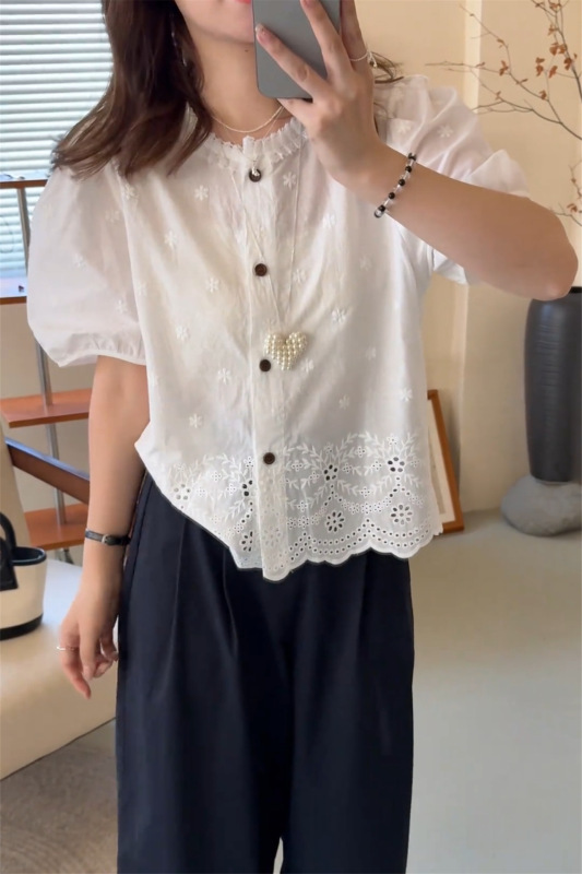フレンチ中空半袖シャツレディース薄手2025新作夏韓国風刺繍高級小柄トップス|undefined