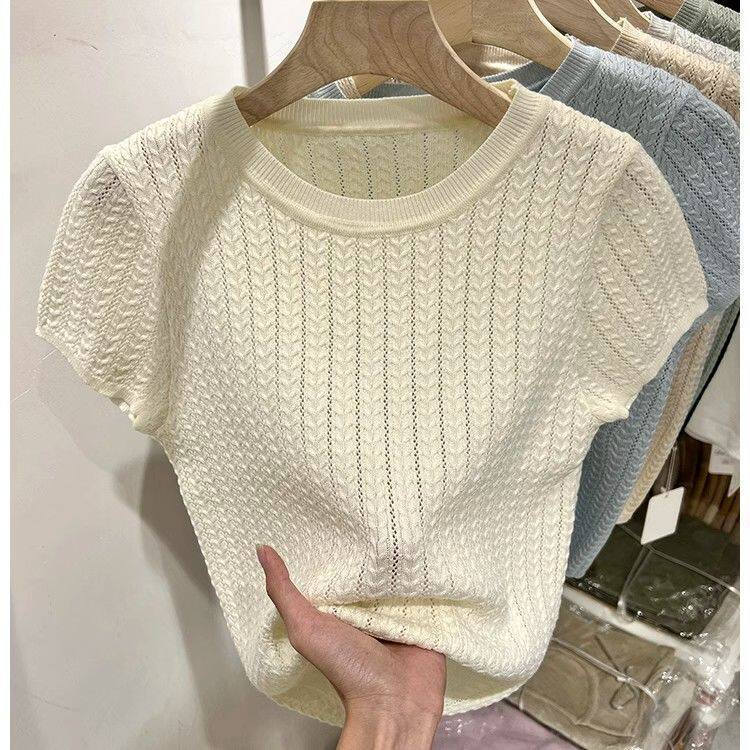 Shunene Liangpin Wheat Ear Knit Women's Short Sleeve Summer New Slim Fit Lightweight Round Neck Soft Base Shirt Top for Women