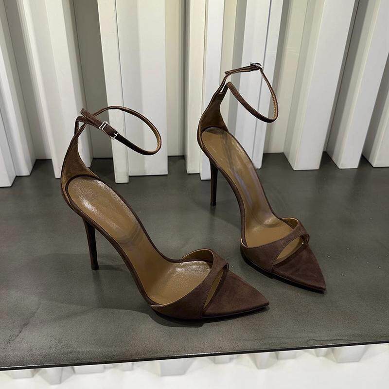Pointed-toe stiletto high-heeled shoes, new model 26, brown open-toe simple strap suede sandals, accentuating fair skin, with a feminine and elegant vibe