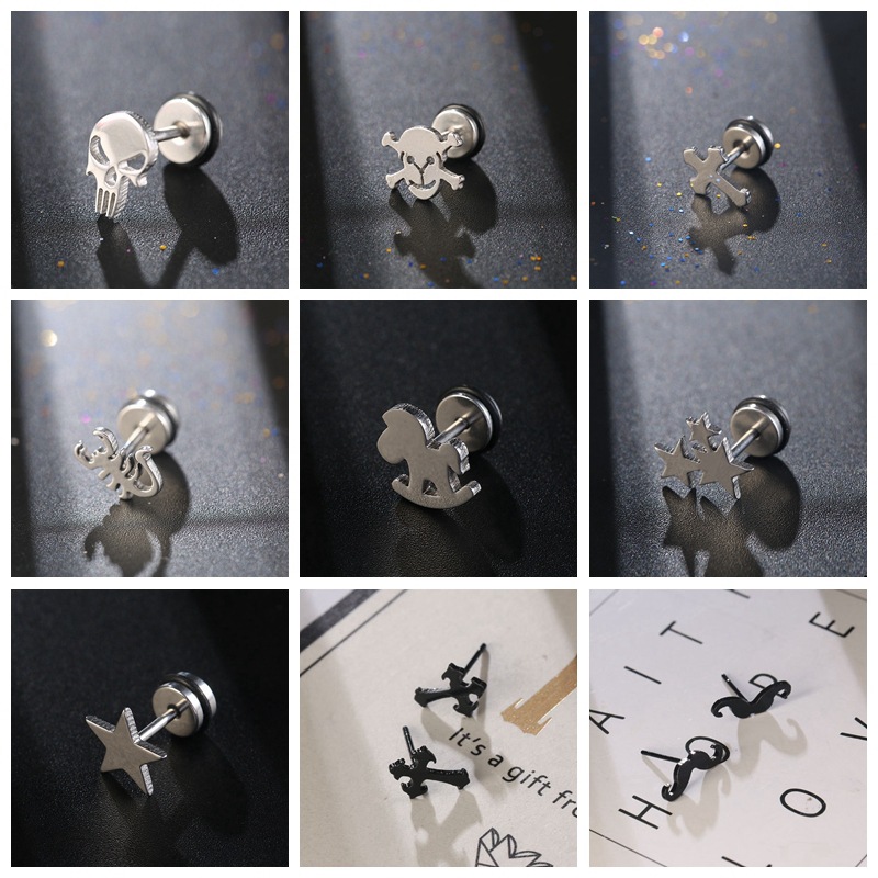 European and American Cross-Border Stainless Steel Earrings for Men and Women, Non-Fading Black Skull Earrings, Wholesale Trinkets