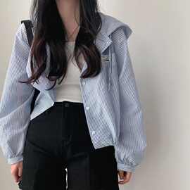 大码jk韩国chic时尚竖条纹撞色连帽系扣宽松休闲百搭短款外套女