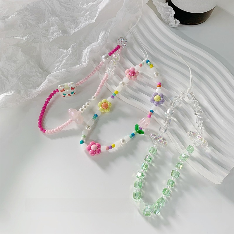 花朵粉色小貓咪雲朵珠子手機鏈掛繩短款掛手腕女防摔防丟掛件掛飾
